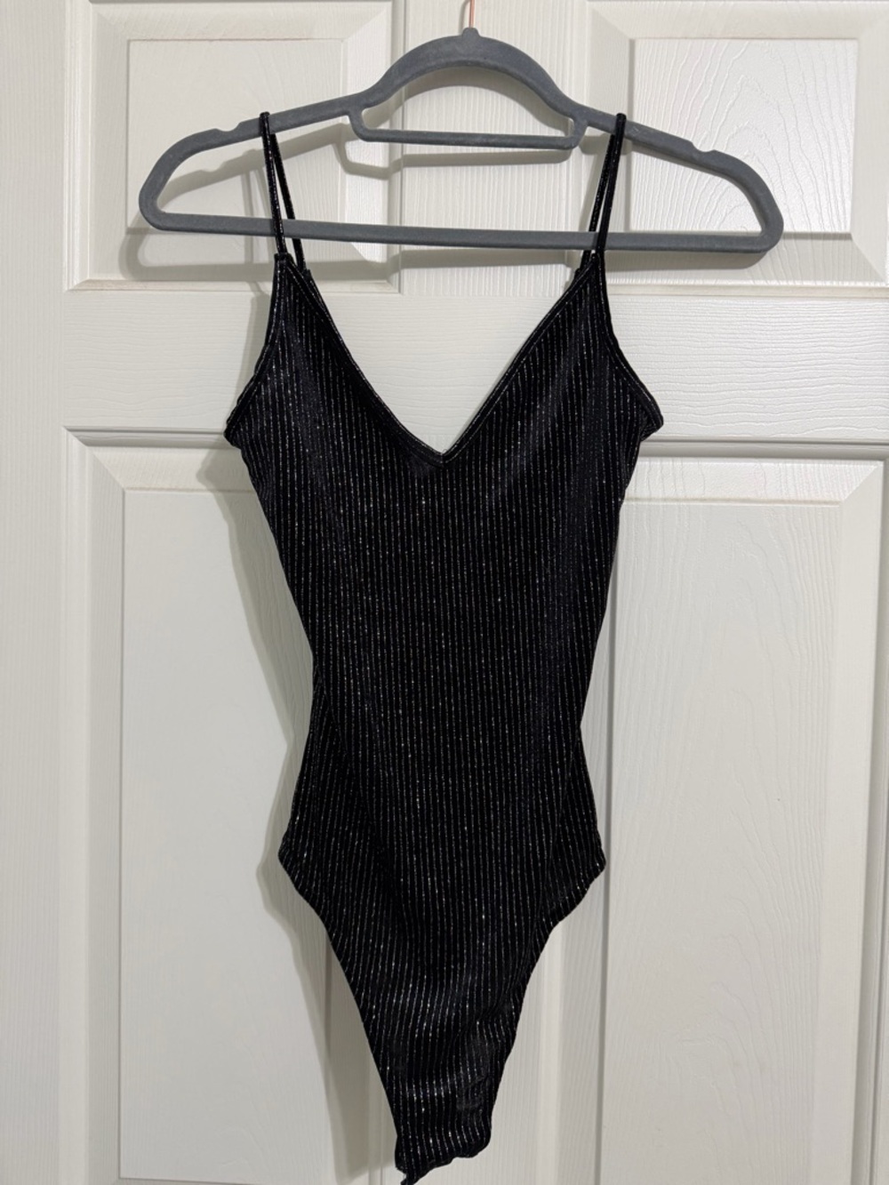 Black Sparkle Ribbed V-Neck Bodysuit